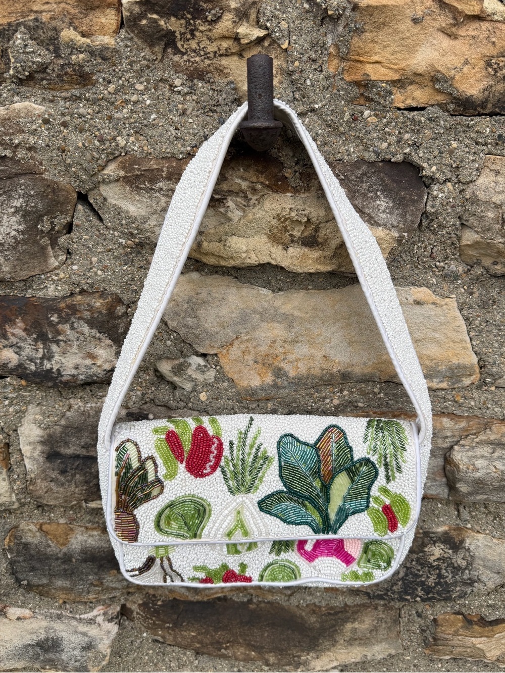 White beaded purse with beets and veggies print Viral